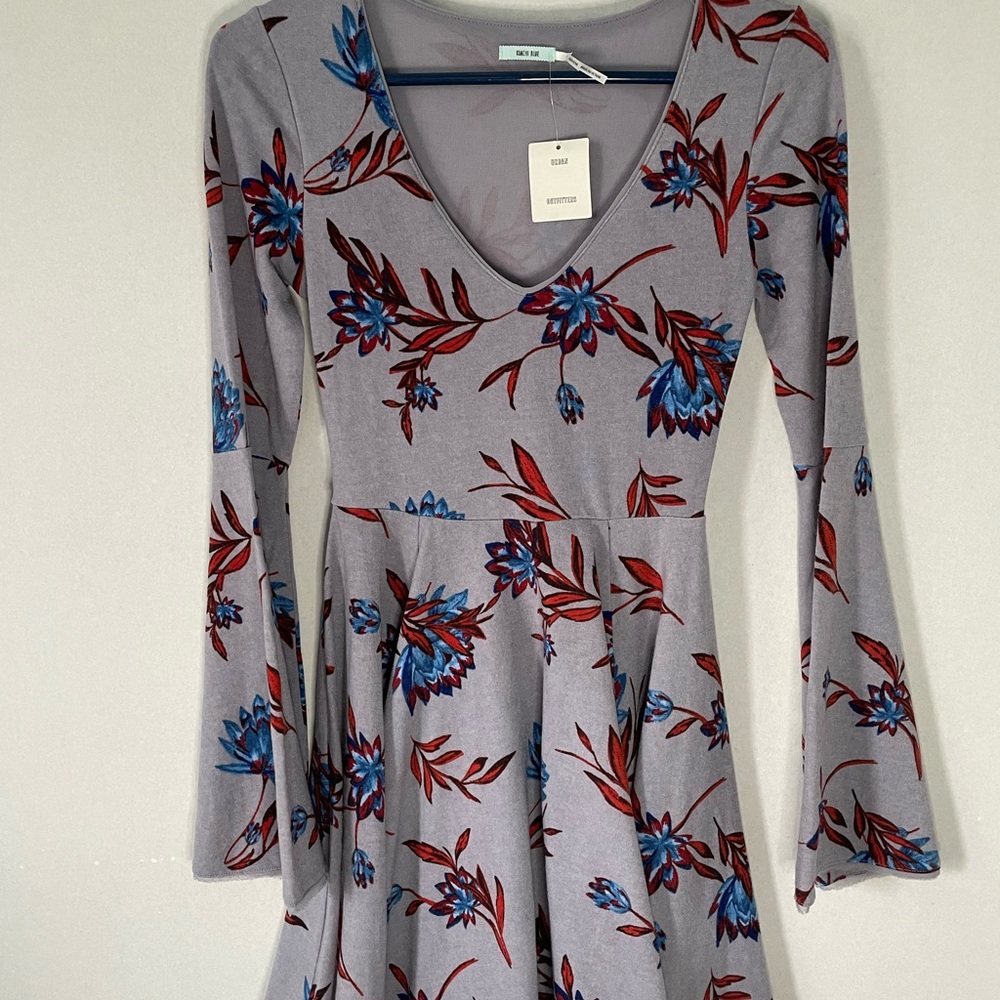 Kimchi Blue Gray and Red Floral Long Sleeve Dress